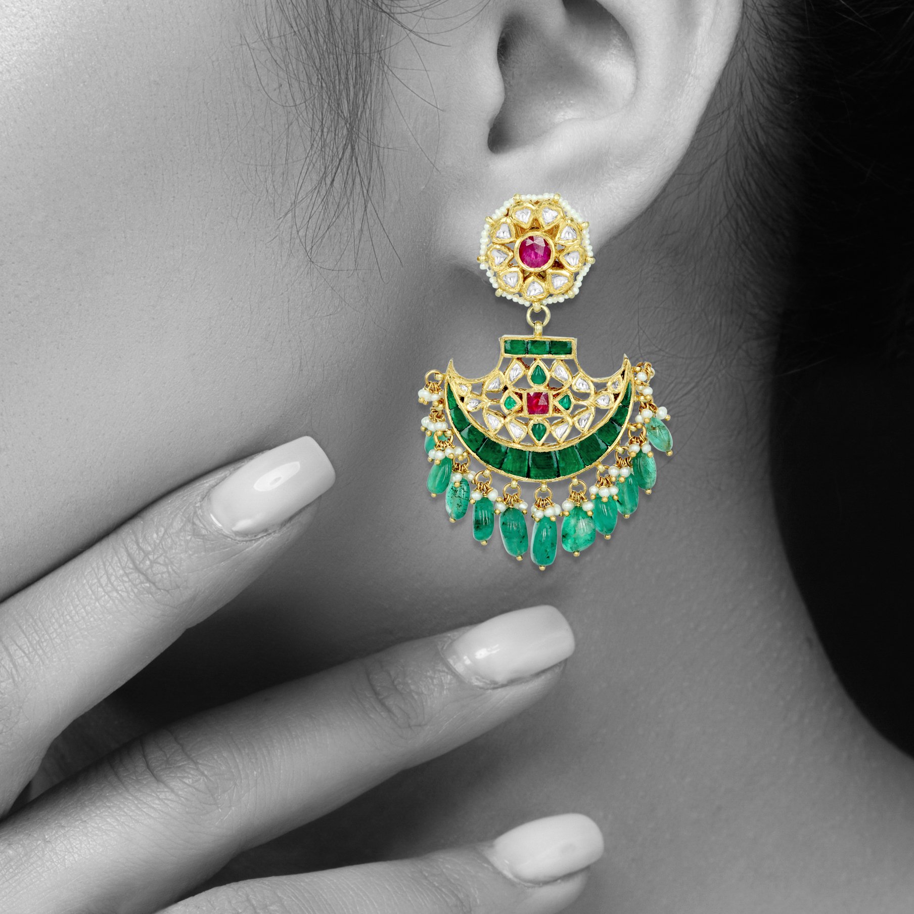Pankhi Earrings with Emerald Maniyas and Ruby Talafs